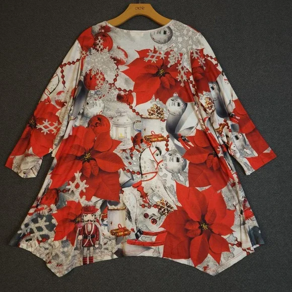 One World Womens 2X Christmas Poinsettia Nutcracker Print V Neck Tunic Top - Picture 5 of 9